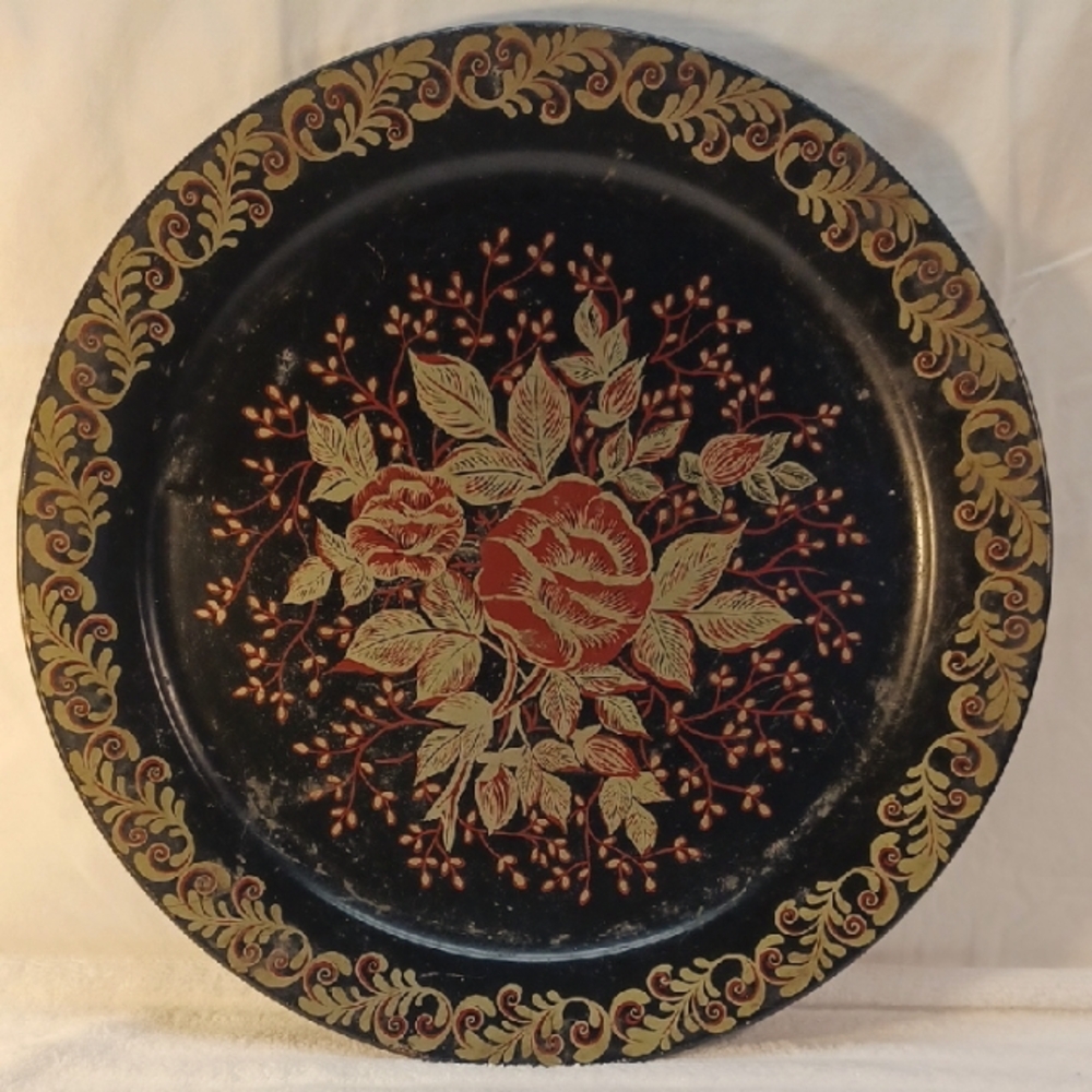 Vintage Serving Tray/Wall Hanging with Red Gray Floral Motif -Extra Large